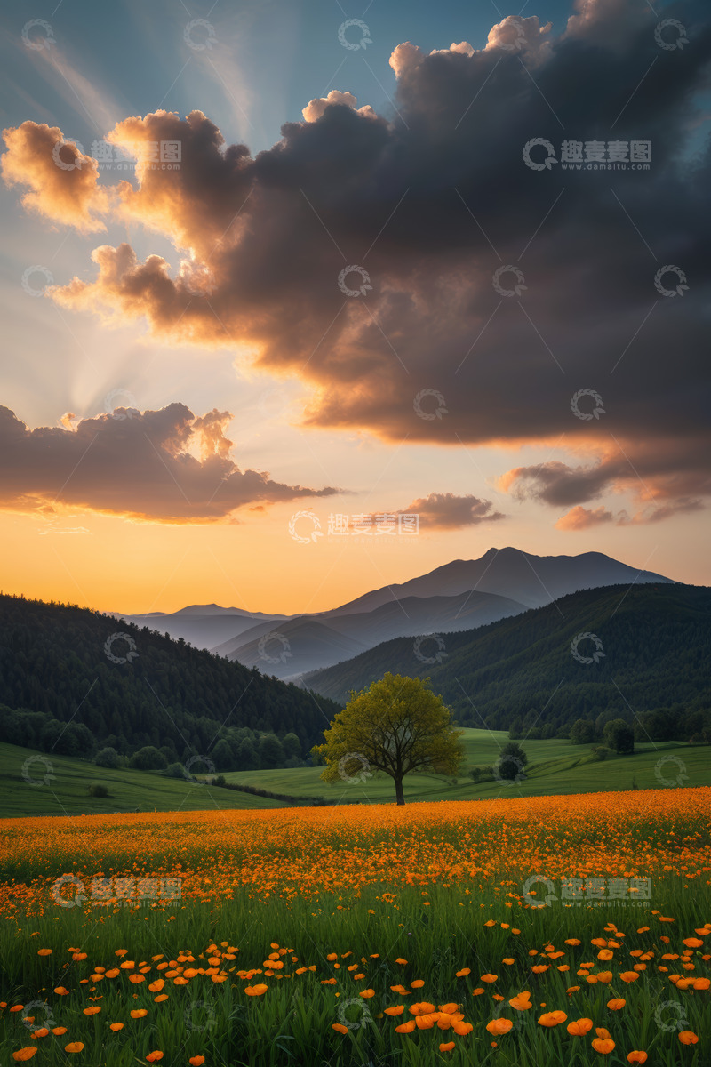 高清大图下载【趣麦麦图】山间花田日落自然风光