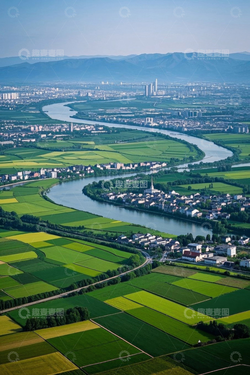高清大图下载【趣麦麦图】乡村河流田野航拍全景