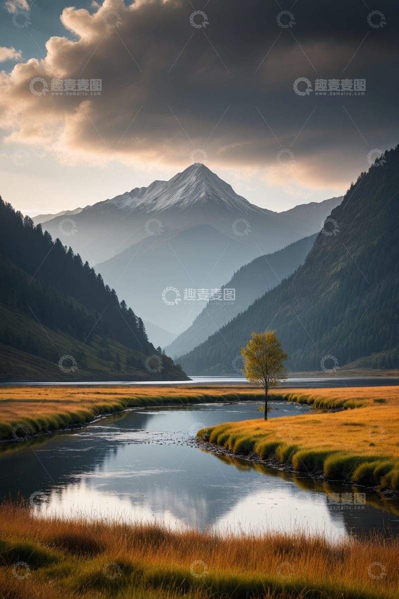 高清大图下载【趣麦麦图】山间湖泊与孤树自然风光