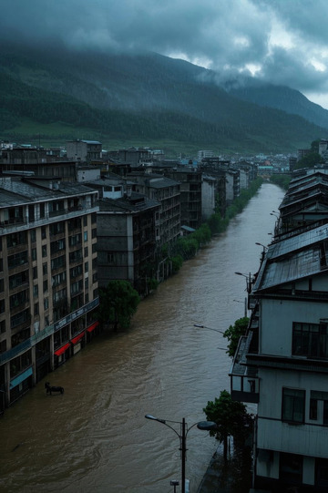 城镇洪水淹没街道景象