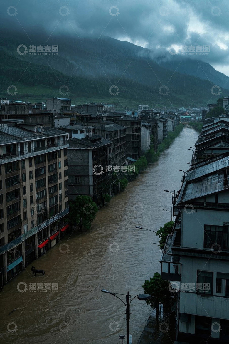 城镇洪水淹没街道景象