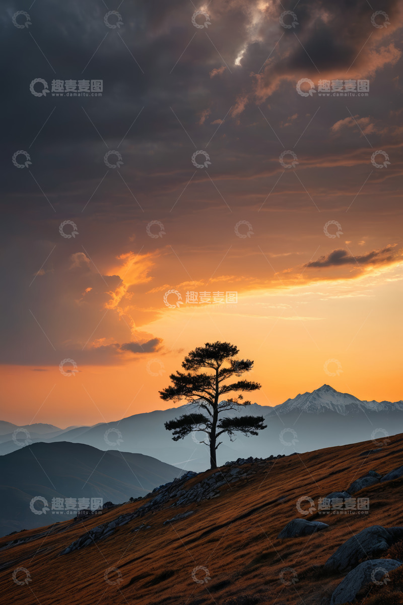 高清大图下载【趣麦麦图】夕阳下山坡孤树与远山景观