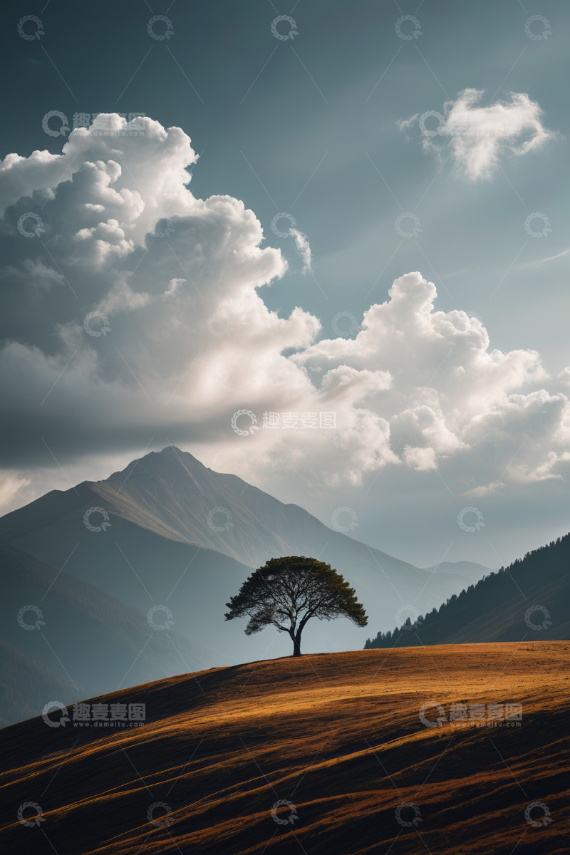 高清大图下载【趣麦麦图】山丘上孤树与远山云海景观