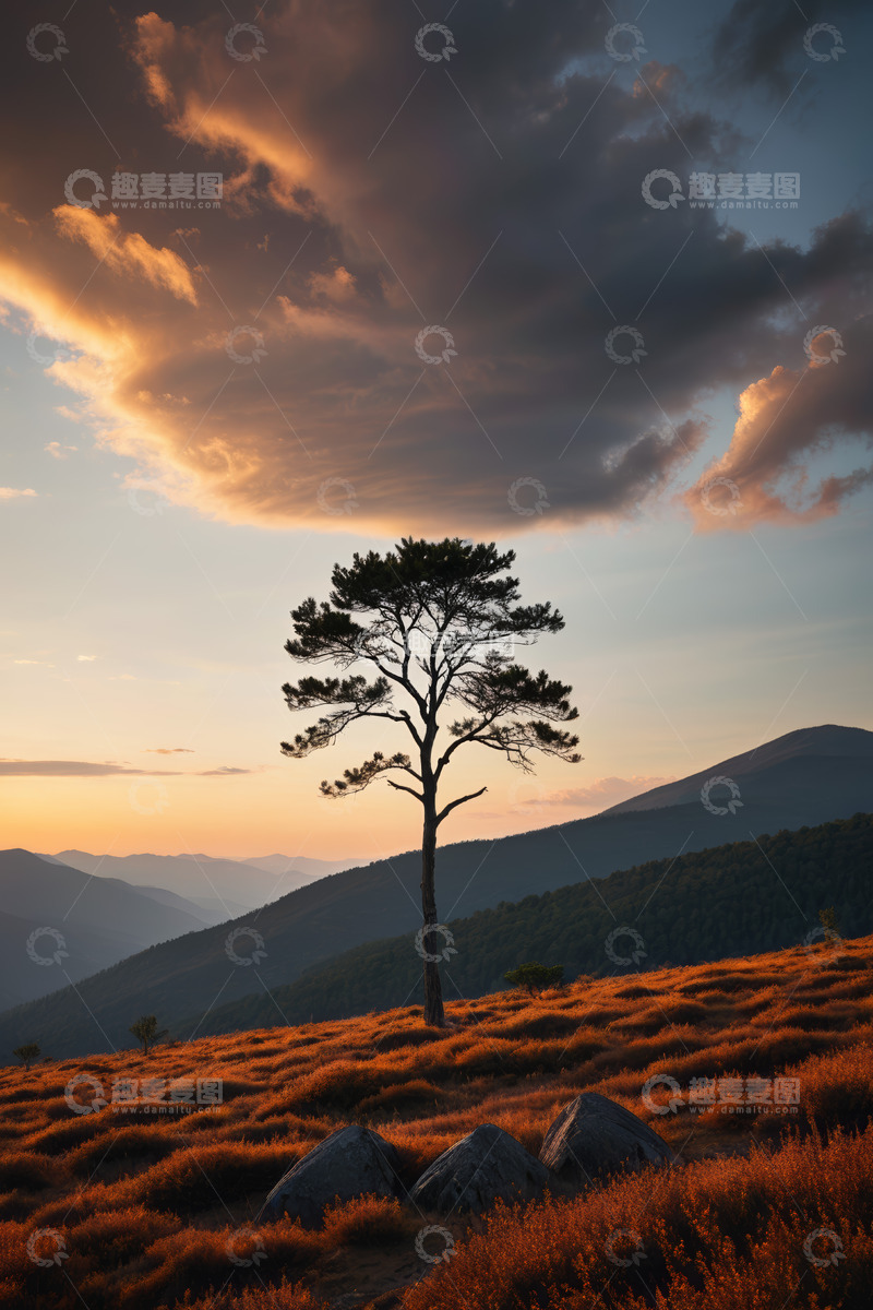 高清大图下载【趣麦麦图】山丘上孤树与黄昏天空景观