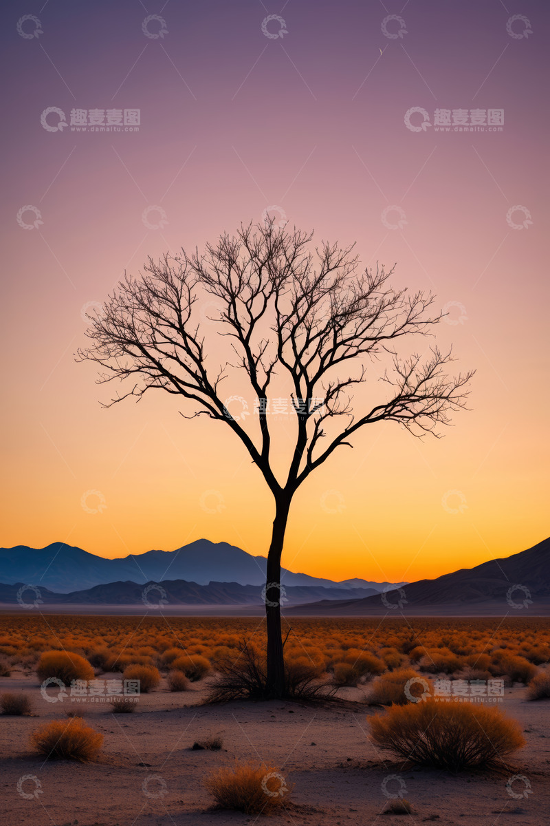 高清大图下载【趣麦麦图】沙漠中孤树立于黄昏景色