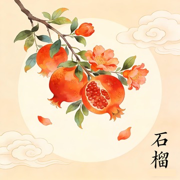 一株石榴枝插画