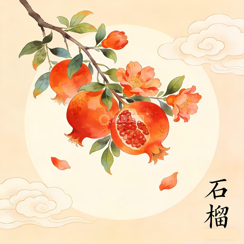 高清大图下载【趣麦麦图】一株石榴枝插画
