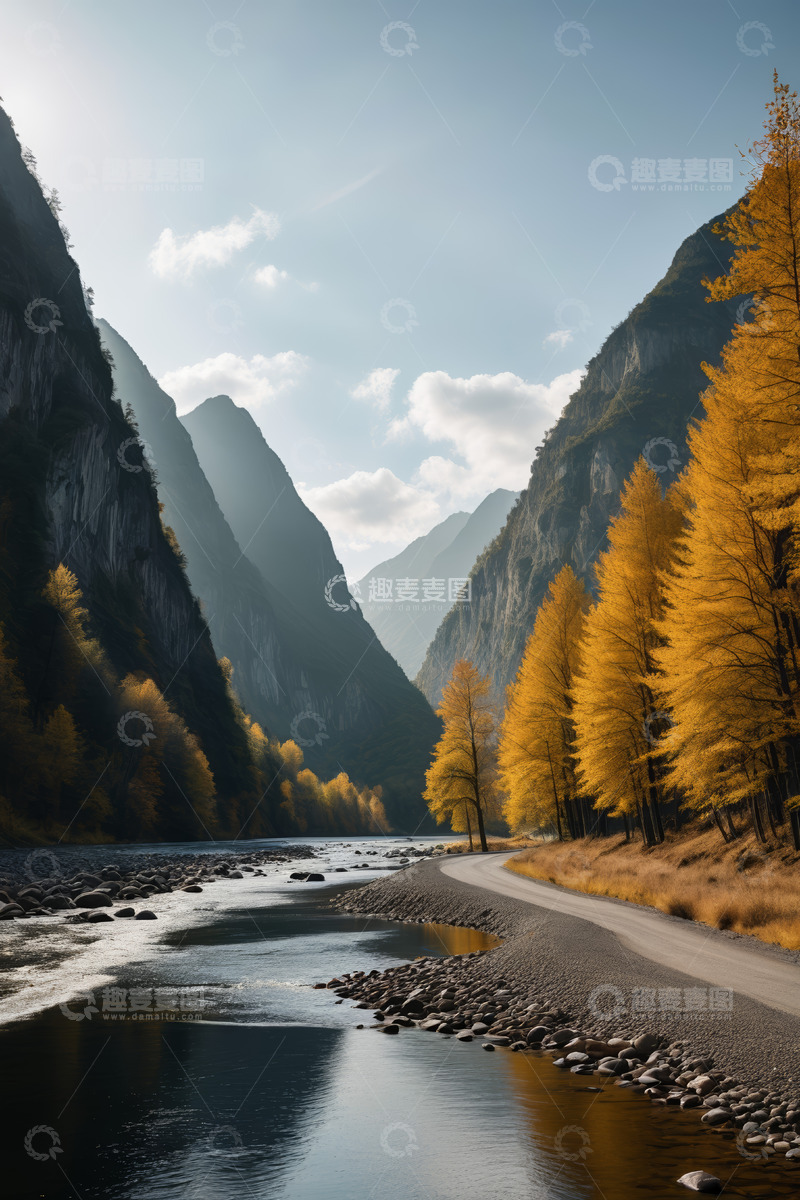 高清大图下载【趣麦麦图】秋日山间河流与公路风景