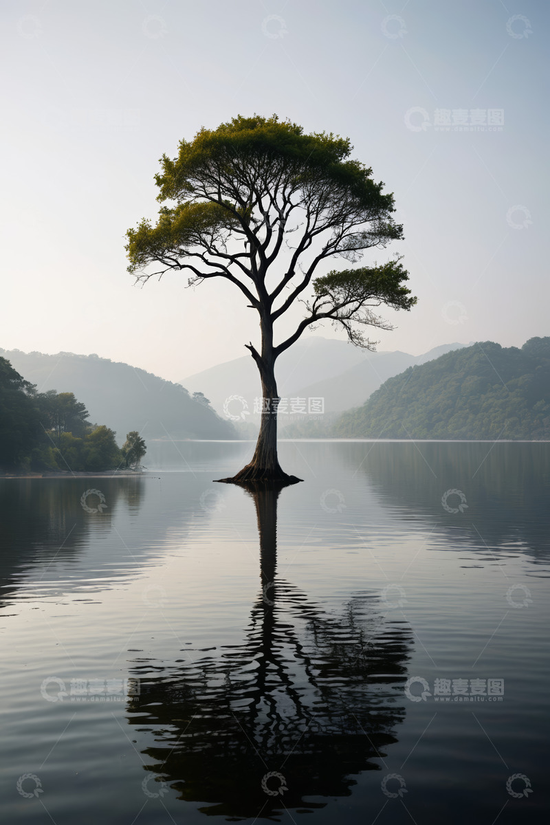 高清大图下载【趣麦麦图】湖畔孤树倒影自然景观
