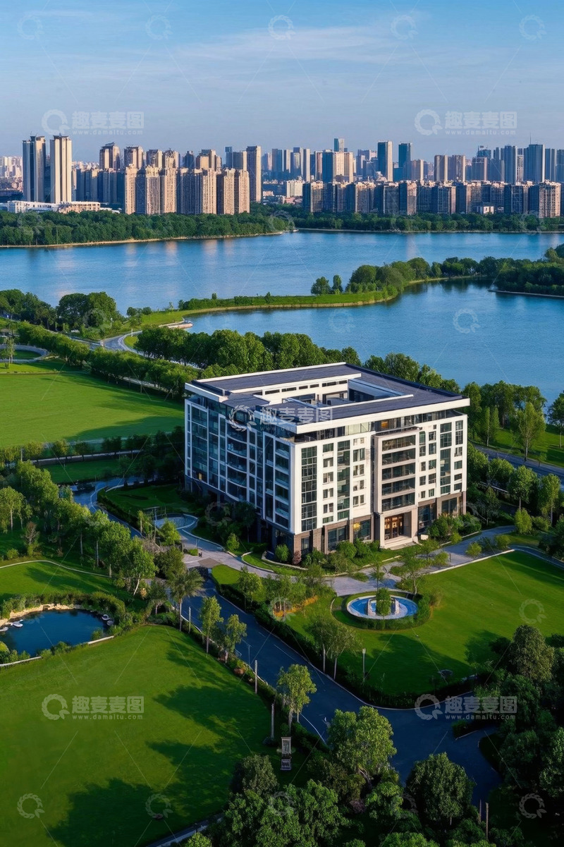 高清大图下载【趣麦麦图】湖畔现代建筑航拍全景