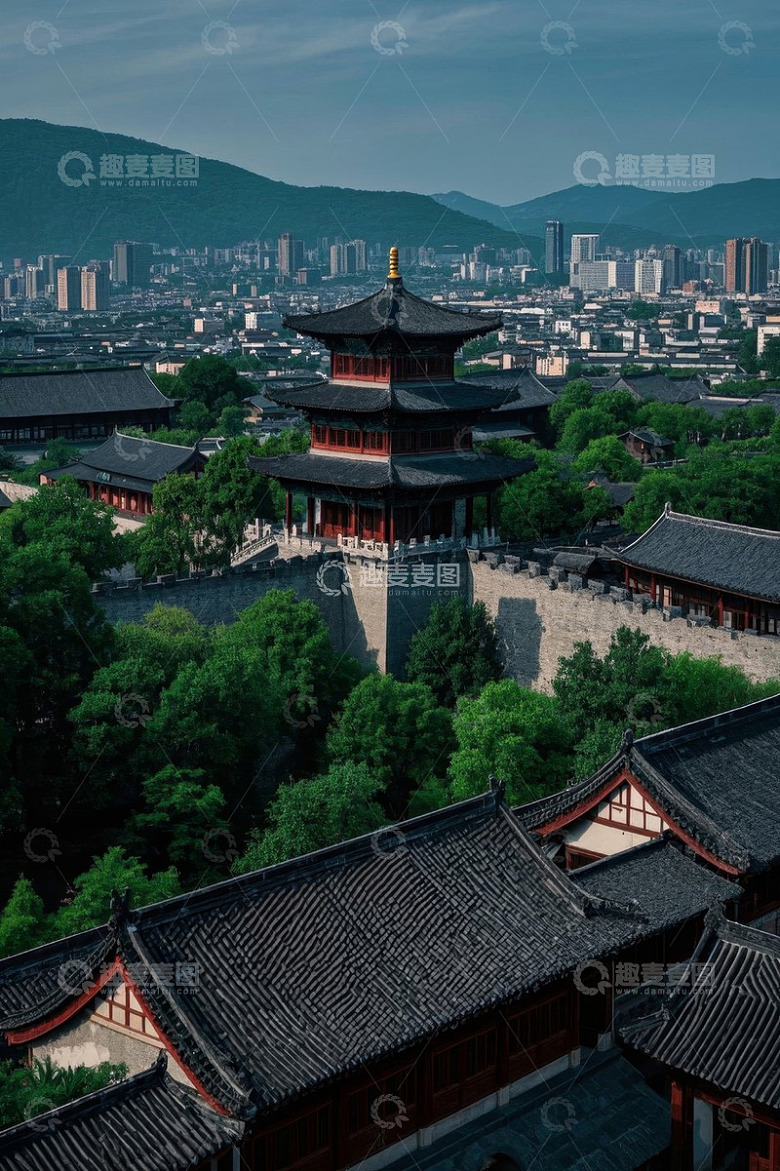 古建筑与现代城市景观俯瞰
