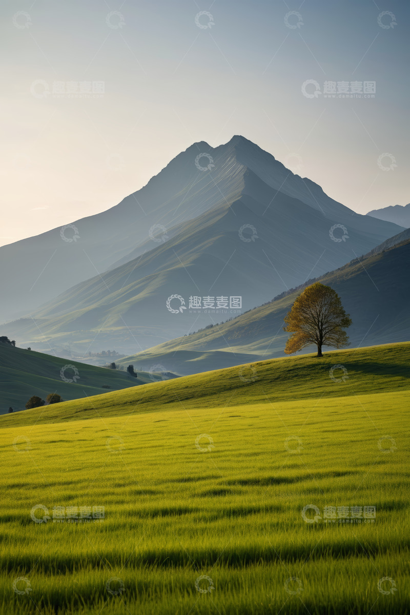 高清大图下载【趣麦麦图】山前景色中的孤树与草地