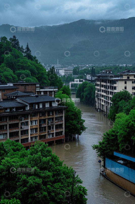 城镇洪水淹没街道场景