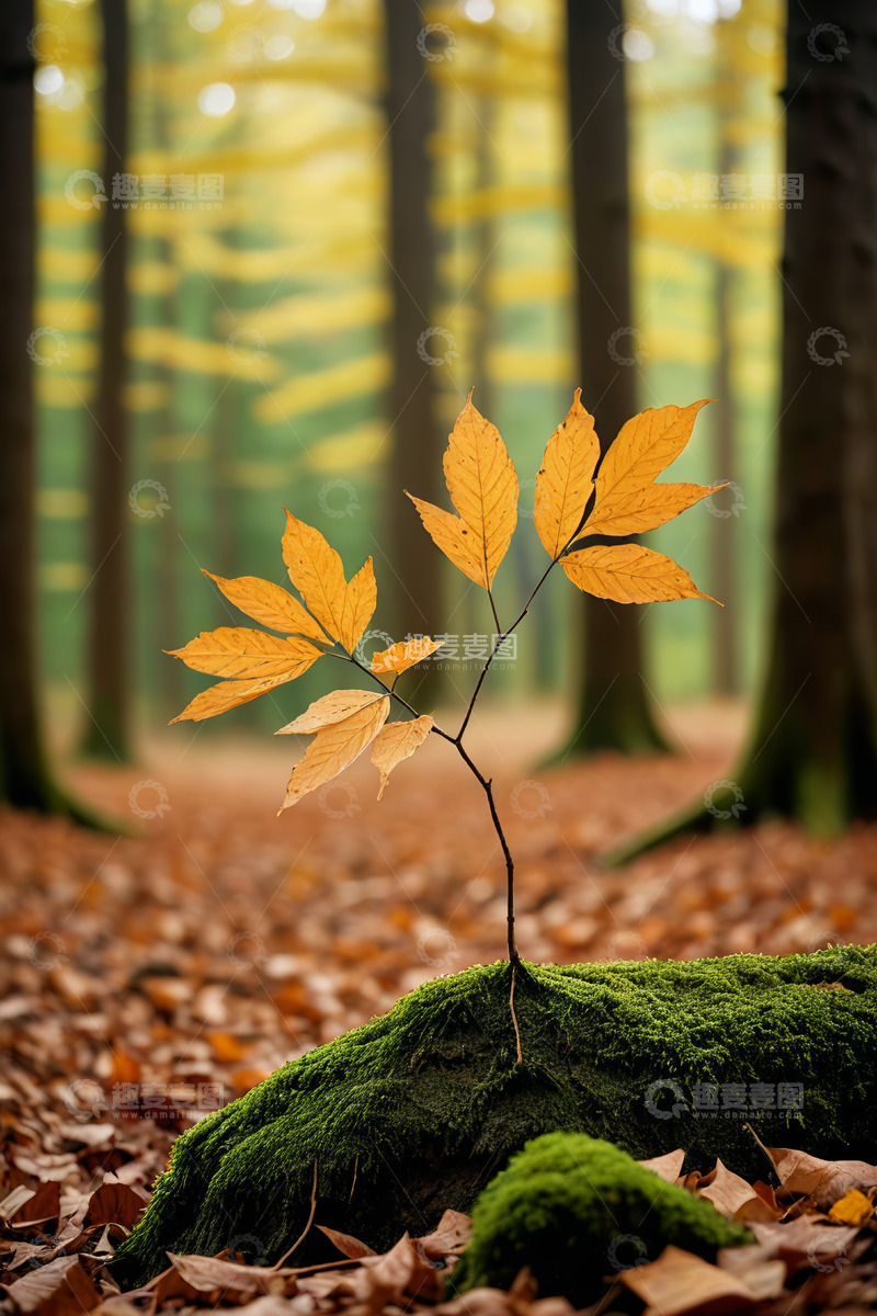 高清大图下载【趣麦麦图】森林中苔藓上的秋日小枝叶