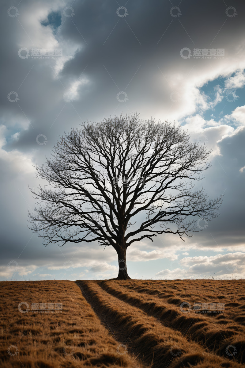 高清大图下载【趣麦麦图】旷野中孤独的无叶树木