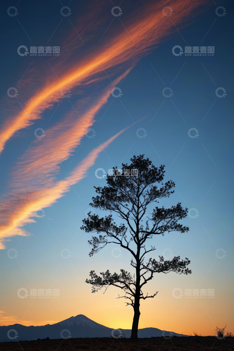 高清大图下载【趣麦麦图】夕阳下孤树与远山风景