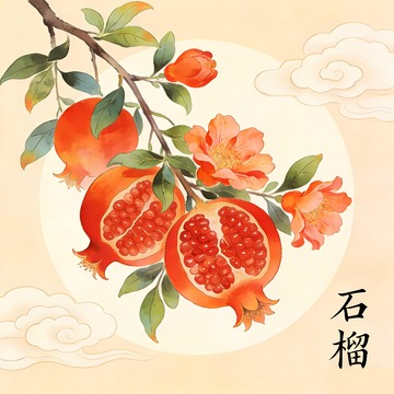一株石榴枝手绘