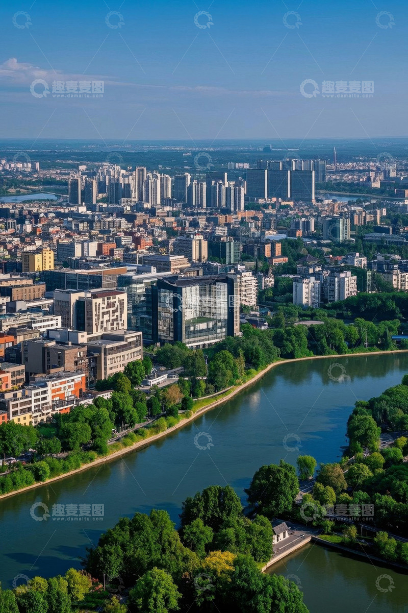 高清大图下载【趣麦麦图】城市河流畔建筑鸟瞰全景