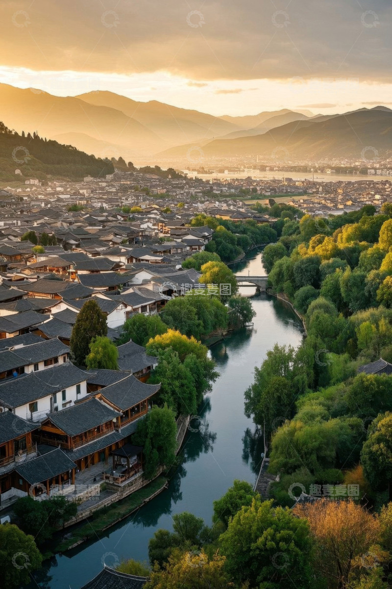 高清大图下载【趣麦麦图】丽江古城河流与建筑全景