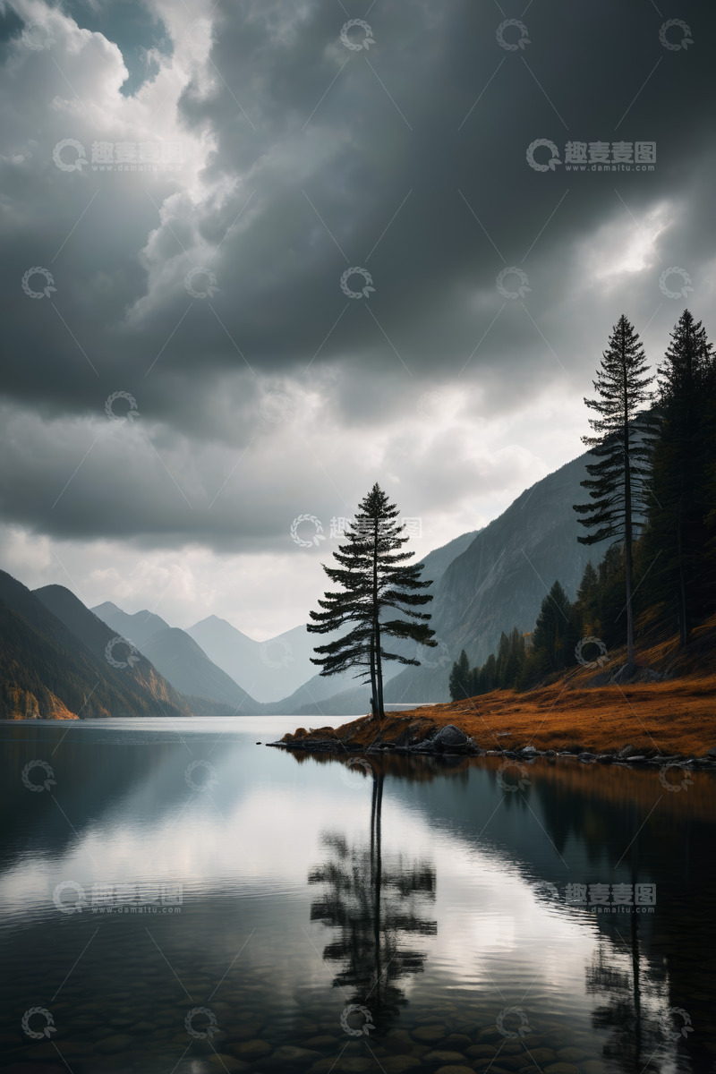 高清大图下载【趣麦麦图】山间湖泊旁的树木自然景观