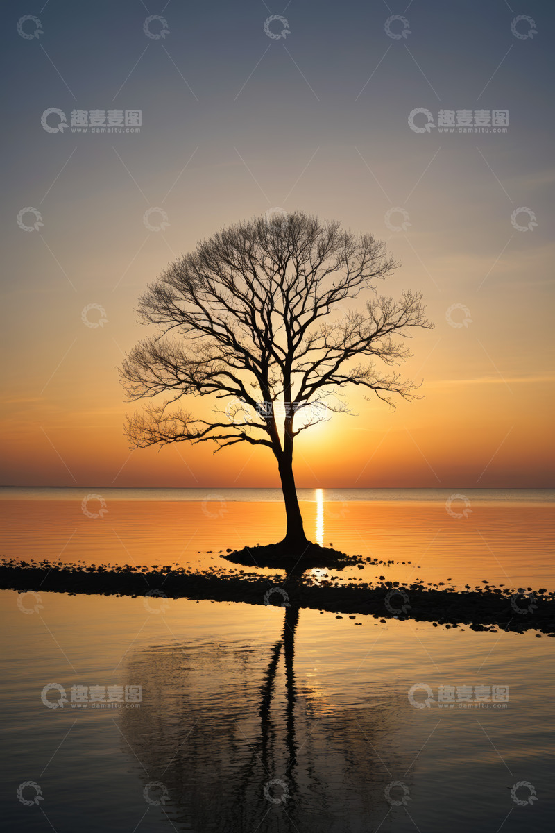 高清大图下载【趣麦麦图】湖畔孤树夕阳景观