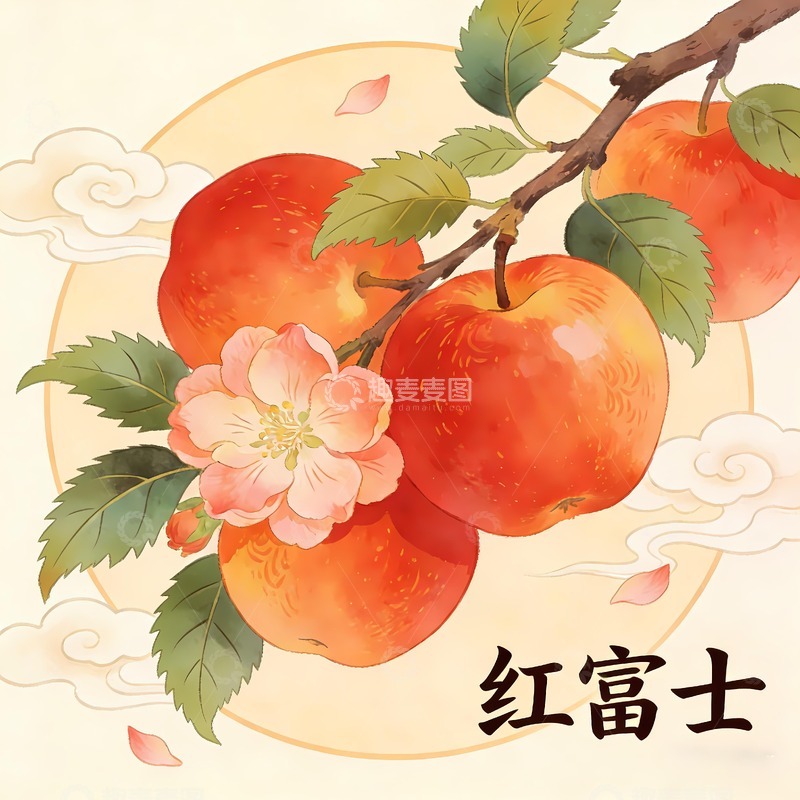 高清大图下载【趣麦麦图】延安红富士苹果插画