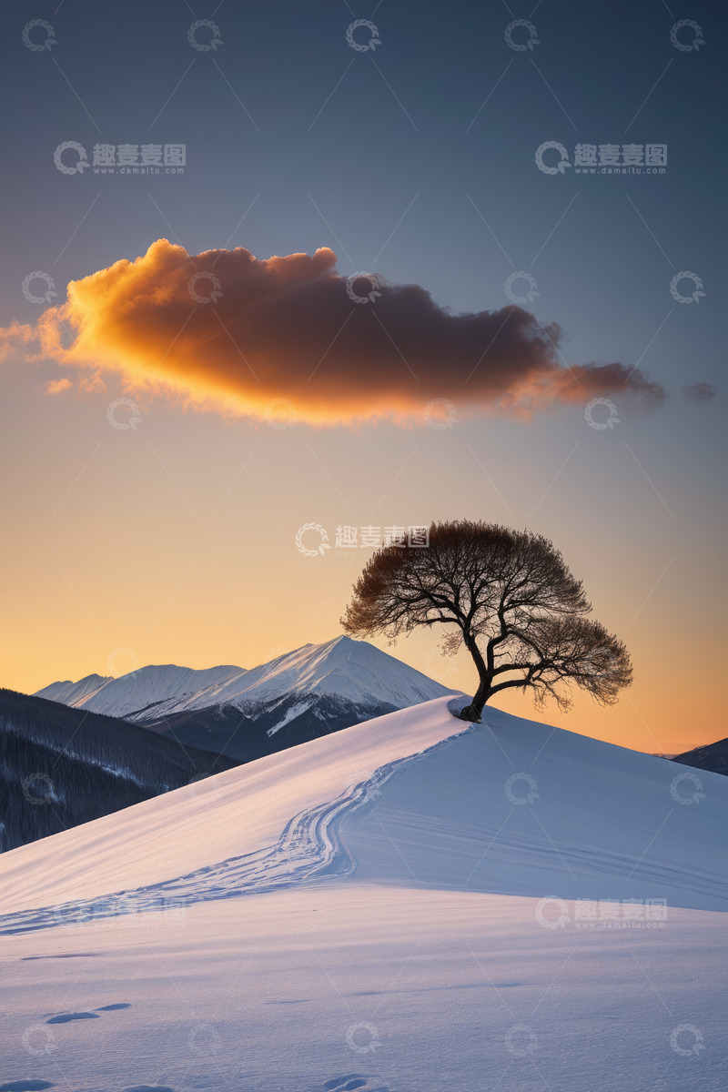 高清大图下载【趣麦麦图】雪山之巅孤树与夕照云彩