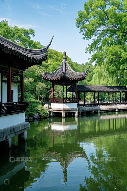 中式园林水边亭台楼阁景观