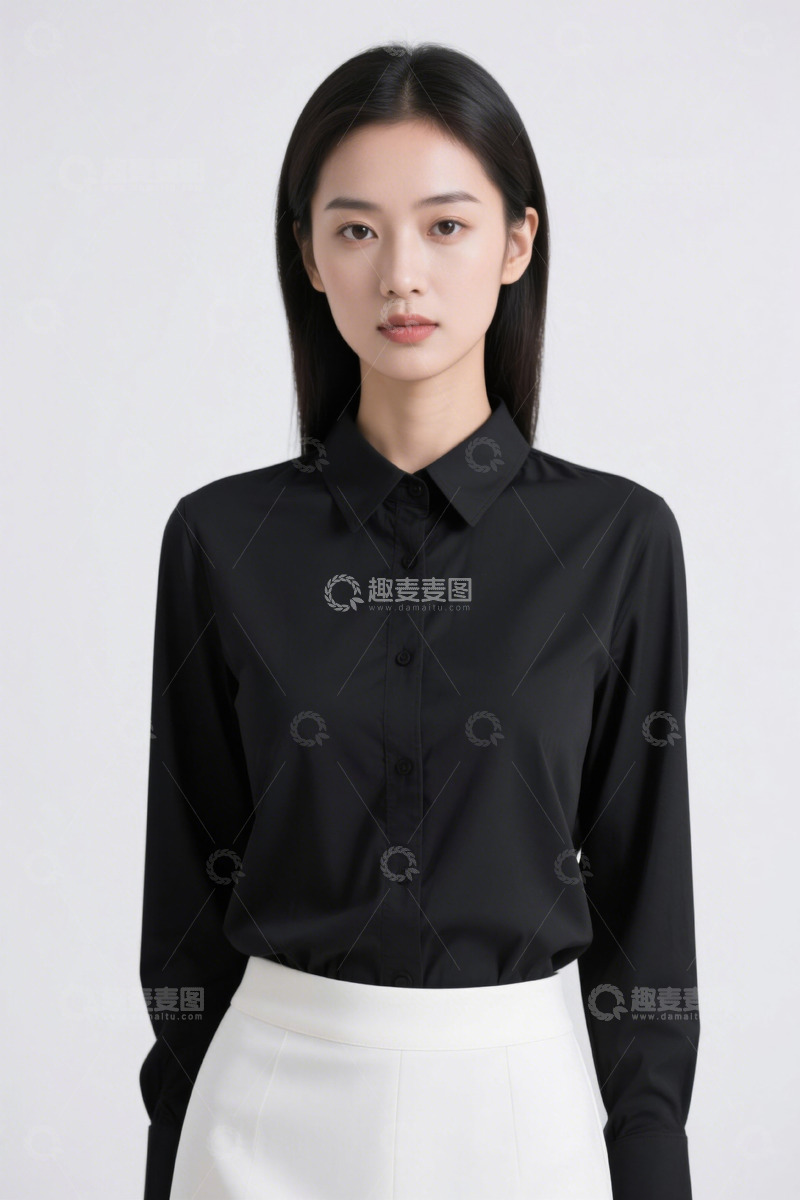 高清大图下载【趣麦麦图】身着黑衬衫的亚洲女性肖像