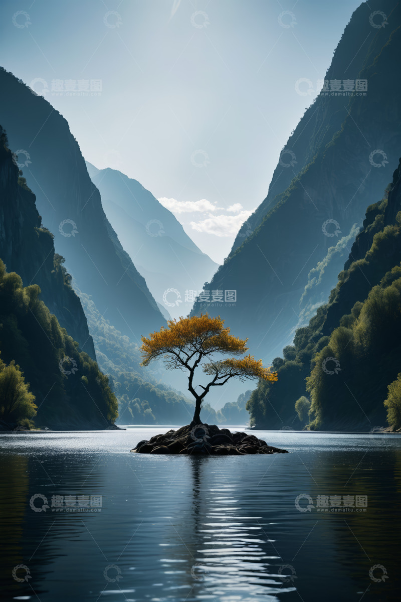 高清大图下载【趣麦麦图】山水间湖心孤树风景