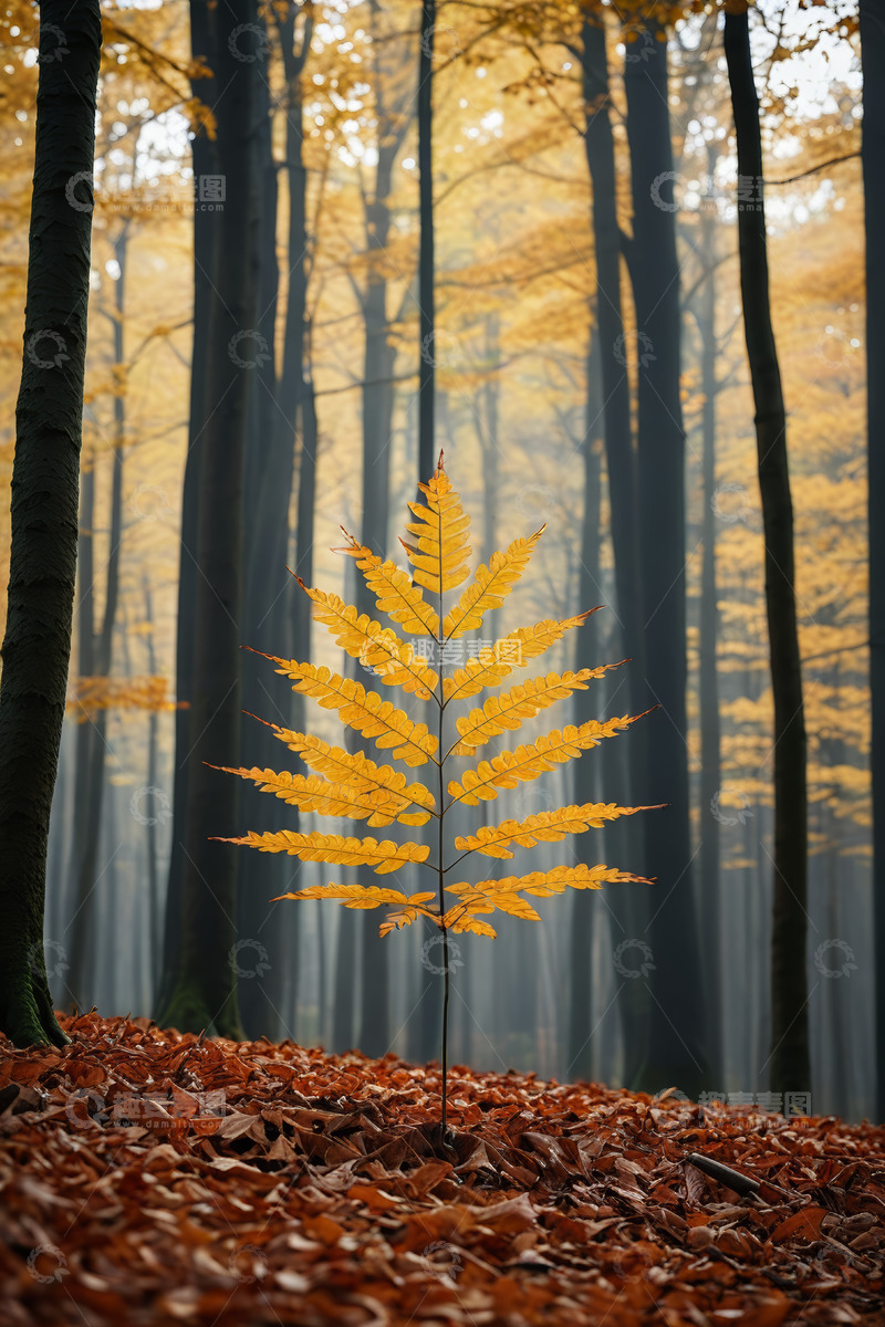 高清大图下载【趣麦麦图】秋日森林中独株黄色蕨类植物