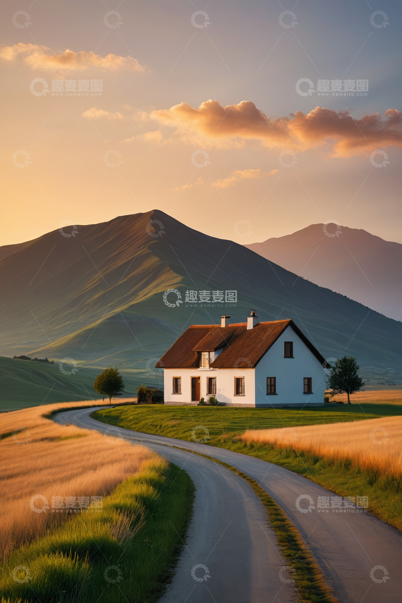 高清大图下载【趣麦麦图】山间小屋与蜿蜒小路田园风景