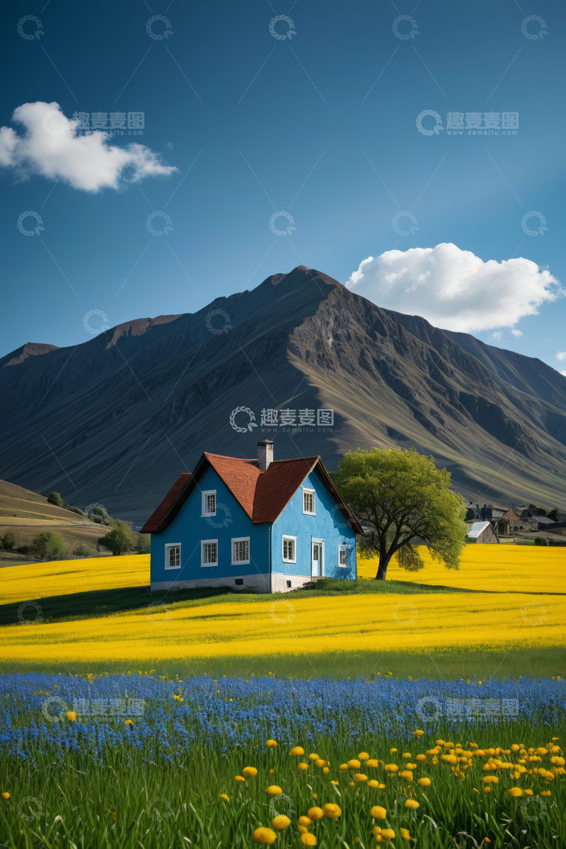 高清大图下载【趣麦麦图】山间蓝屋与花海田园风光