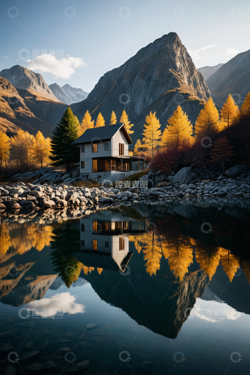 高清大图下载【趣麦麦图】山间湖畔小屋秋日风光