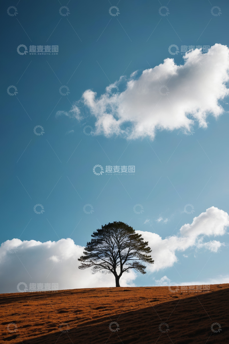 高清大图下载【趣麦麦图】蓝天下山坡上的孤树风景