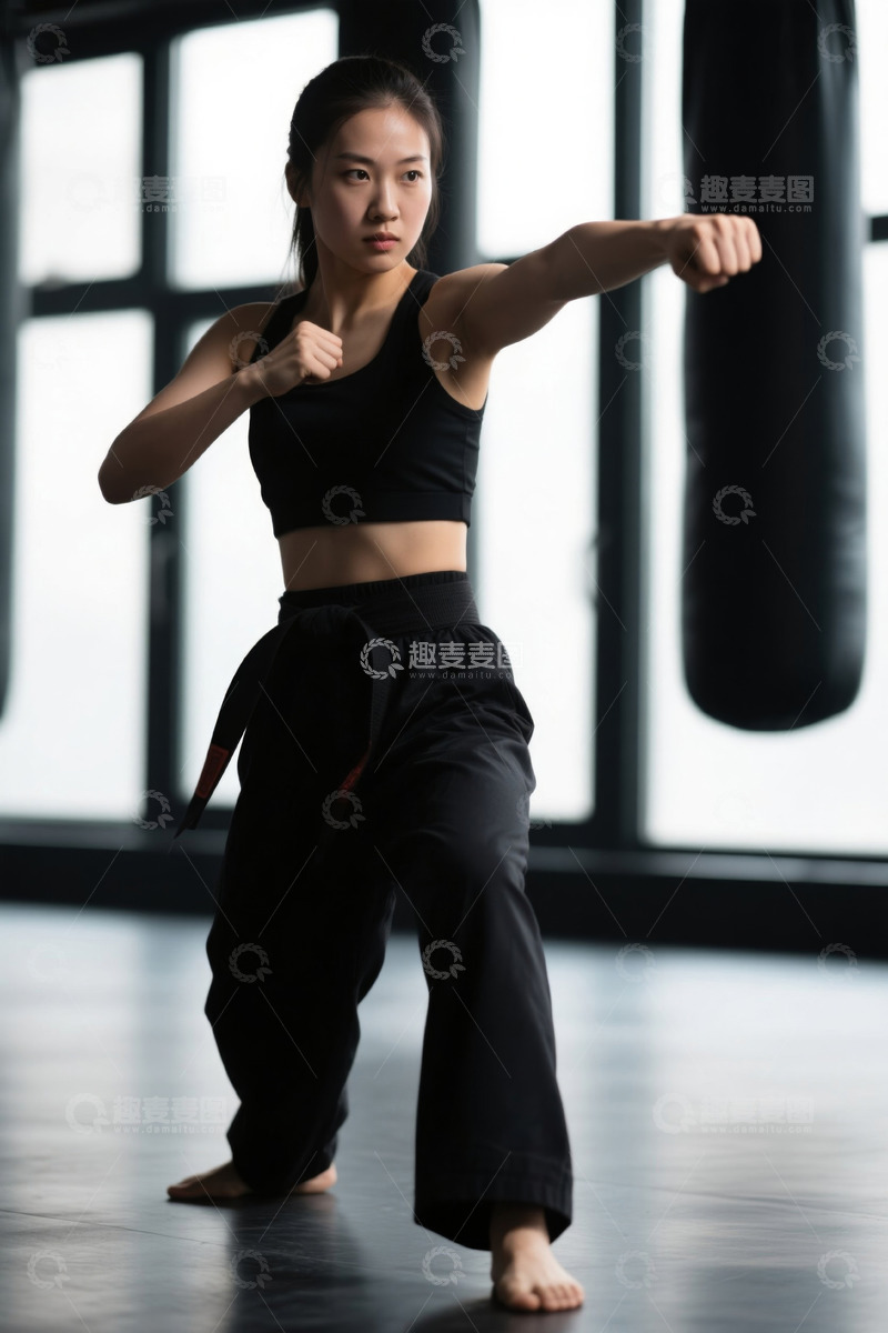 高清大图下载【趣麦麦图】女子在室内练习武术出拳