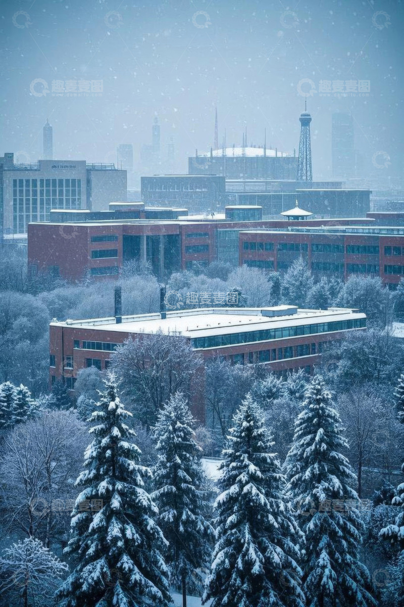 高清大图下载【趣麦麦图】城市雪景中的红建筑与雪松