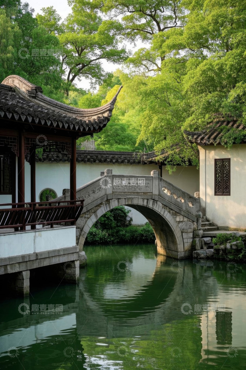高清大图下载【趣麦麦图】中式园林石桥与亭台景观