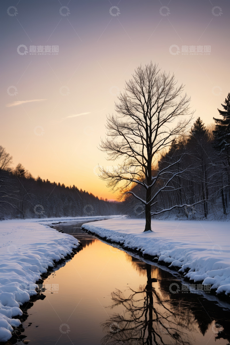高清大图下载【趣麦麦图】冬日雪林河畔日落景致