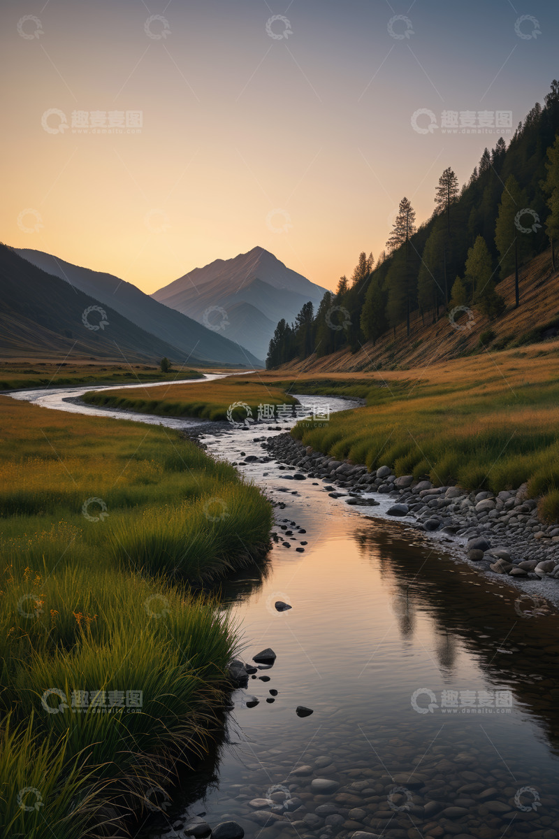 高清大图下载【趣麦麦图】山谷间蜿蜒河流与山林景观