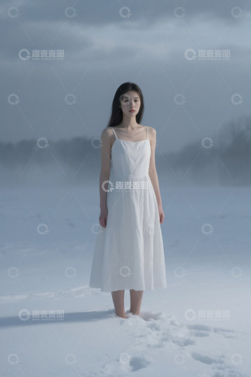 高清大图下载【趣麦麦图】雪地上站立的白衣女孩