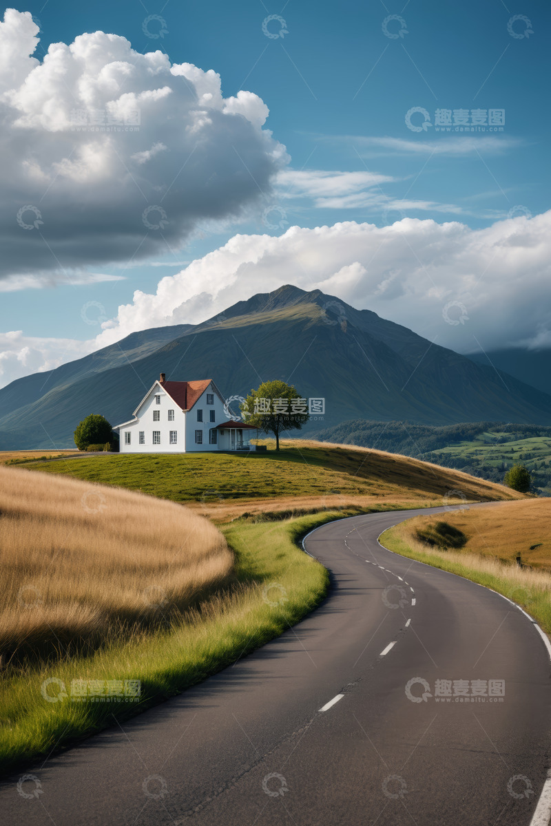 高清大图下载【趣麦麦图】山间公路旁的白色小屋风景