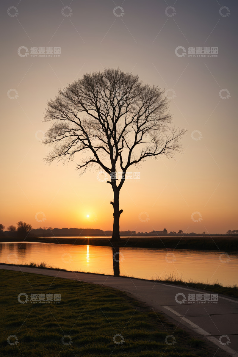 高清大图下载【趣麦麦图】夕阳下河边孤树风景