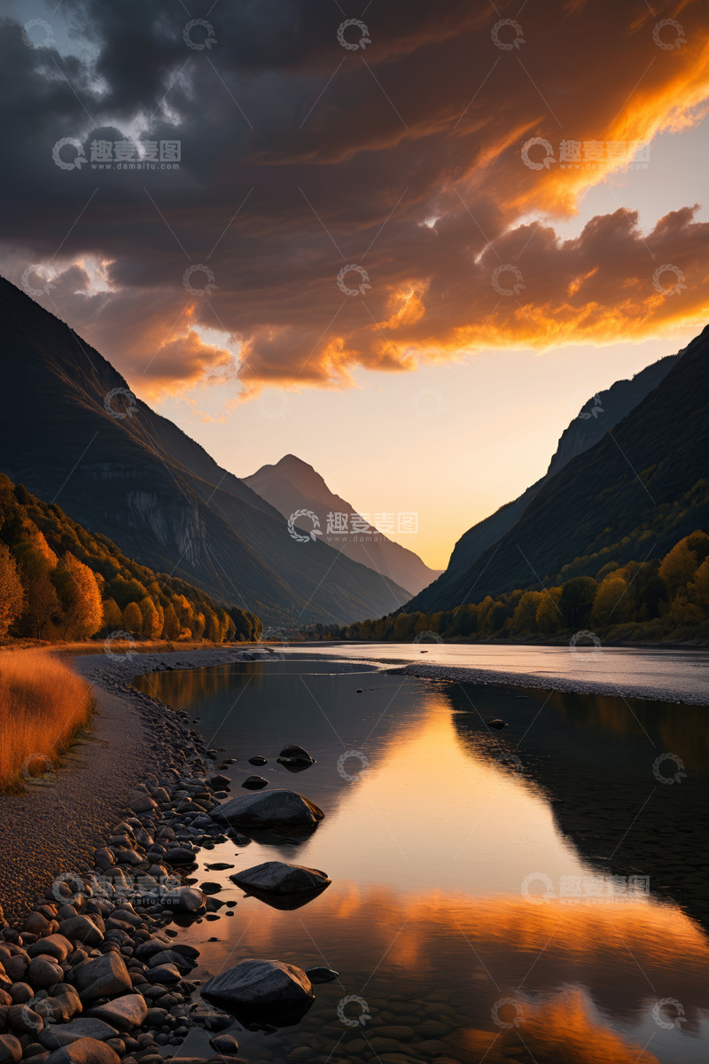 高清大图下载【趣麦麦图】山间河畔黄昏自然风光