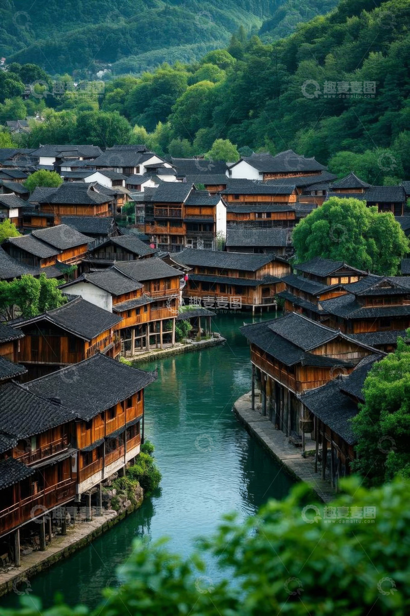 高清大图下载【趣麦麦图】临水传统民居与青山景观