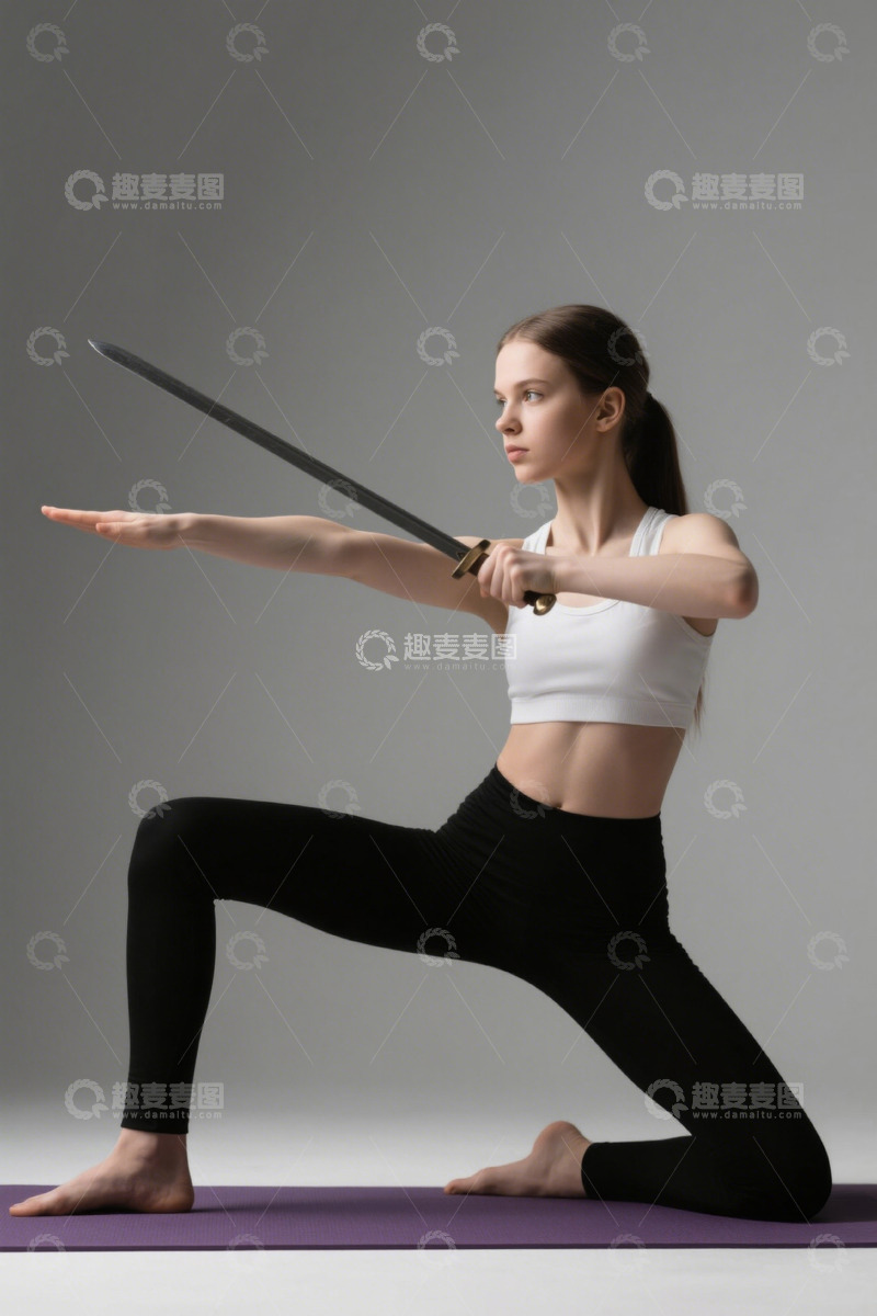 高清大图下载【趣麦麦图】女子持剑做瑜伽动作