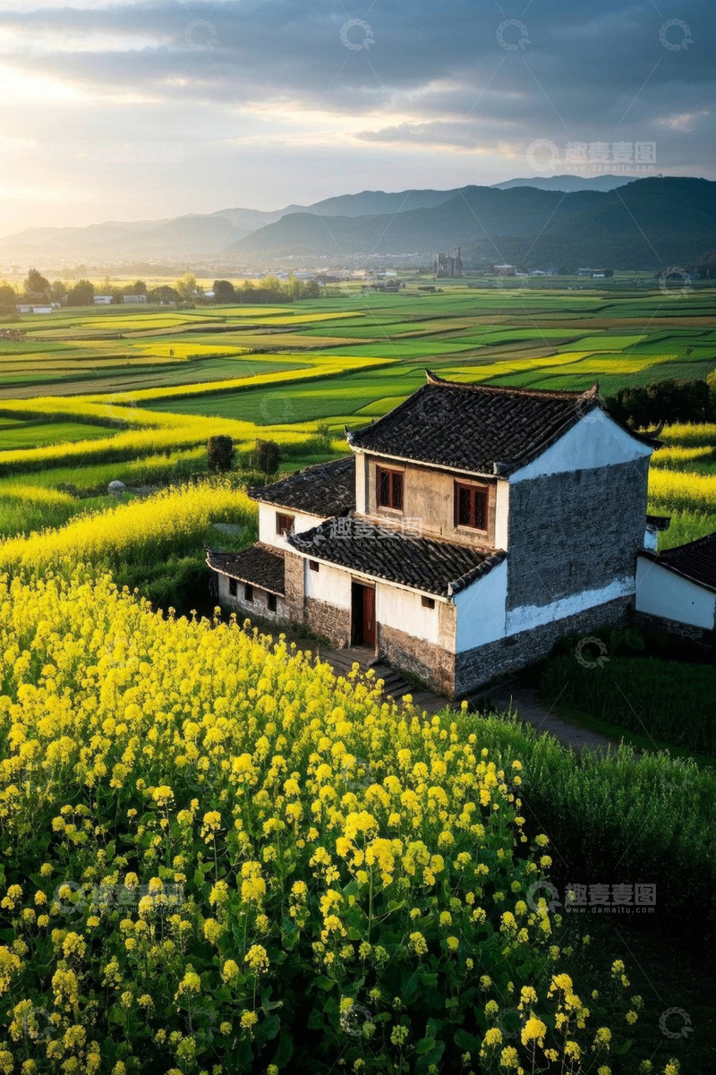高清大图下载【趣麦麦图】乡村油菜花田中的传统民居