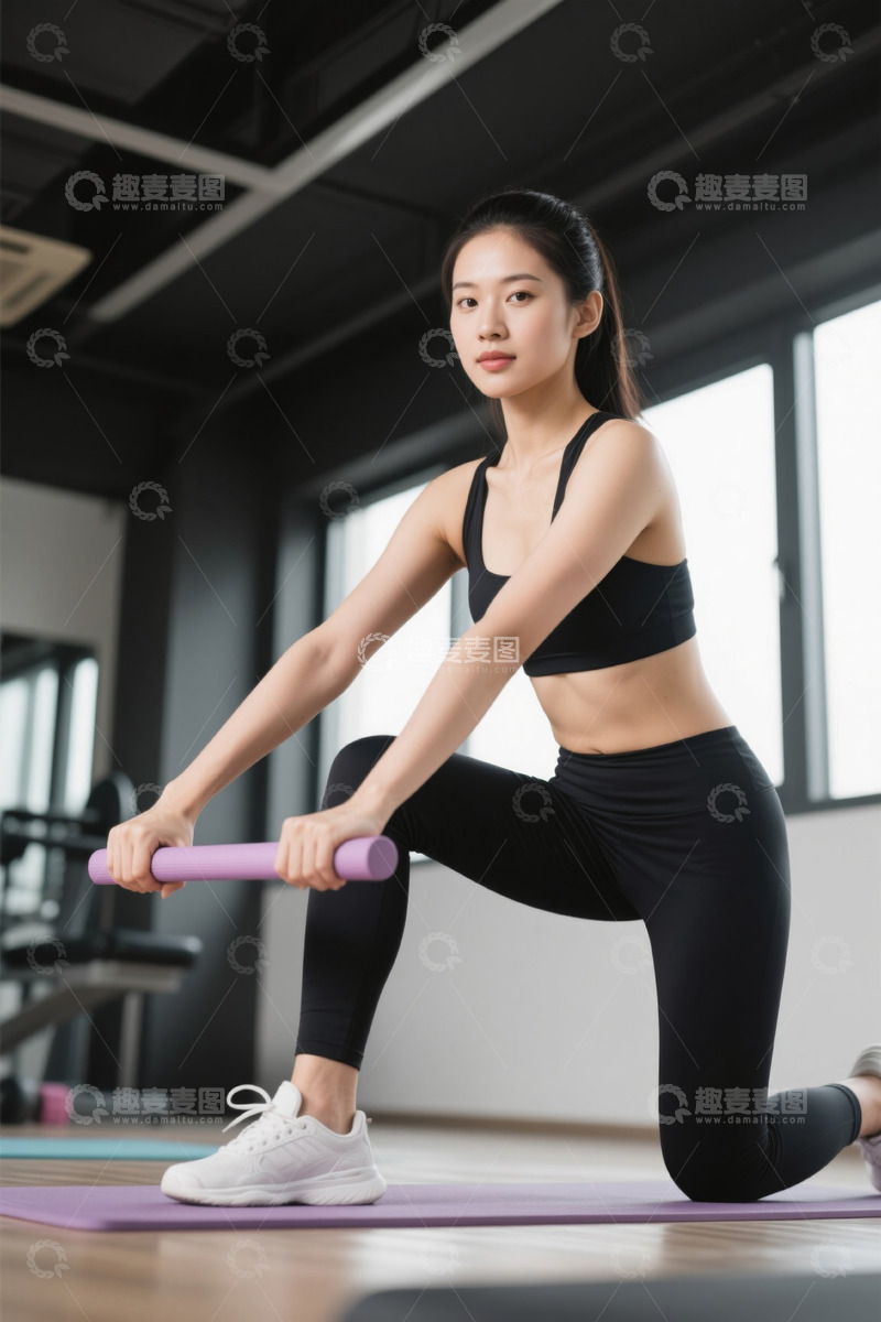 高清大图下载【趣麦麦图】女性健身房使用泡沫轴锻炼