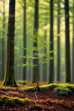 森林中嫩绿小树与苔藓景观