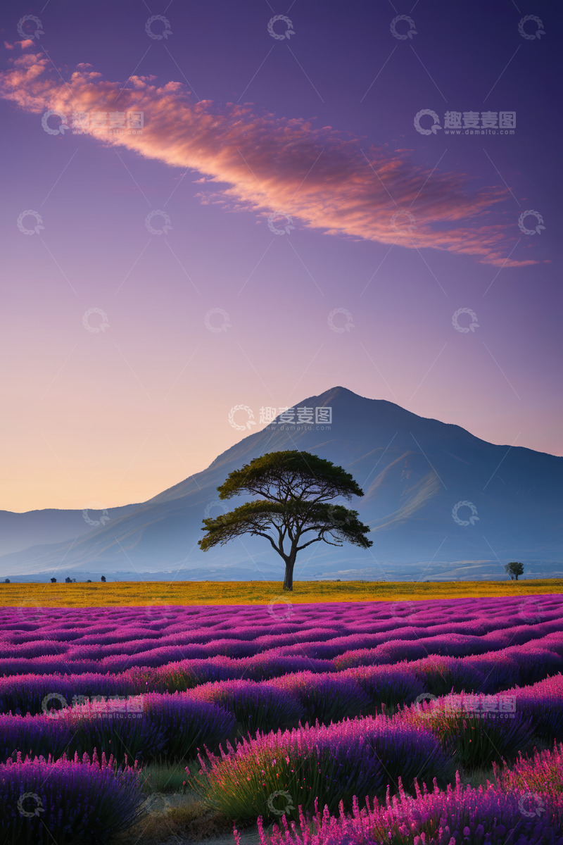 高清大图下载【趣麦麦图】紫色薰衣草田与远山孤树景观